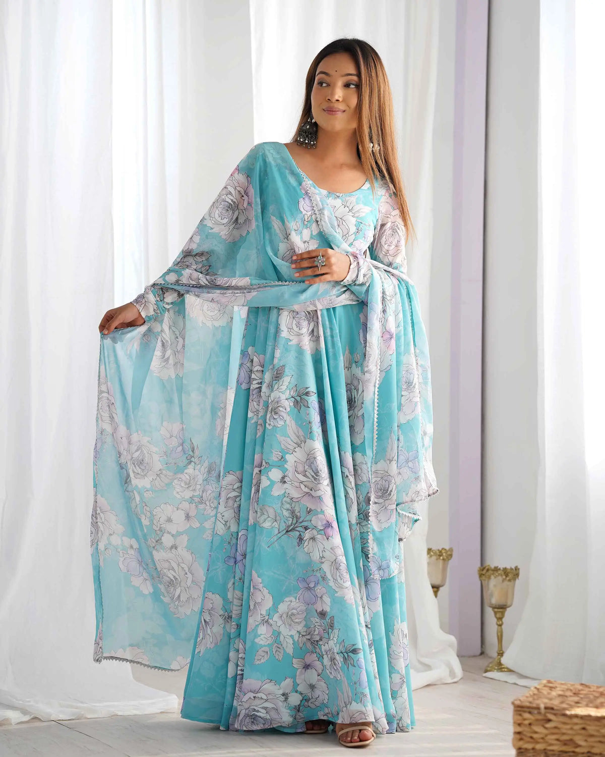 Sky Blue Anarkali Gown With Floral Print