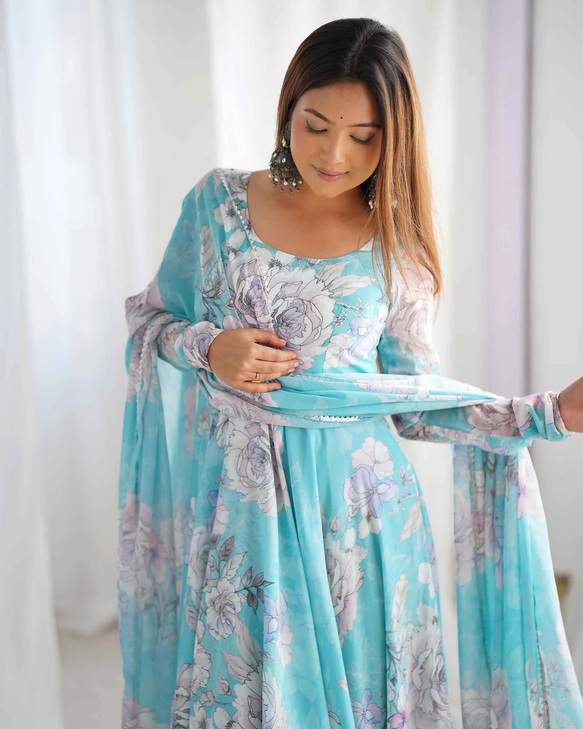 Sky Blue Anarkali Gown With Floral Print