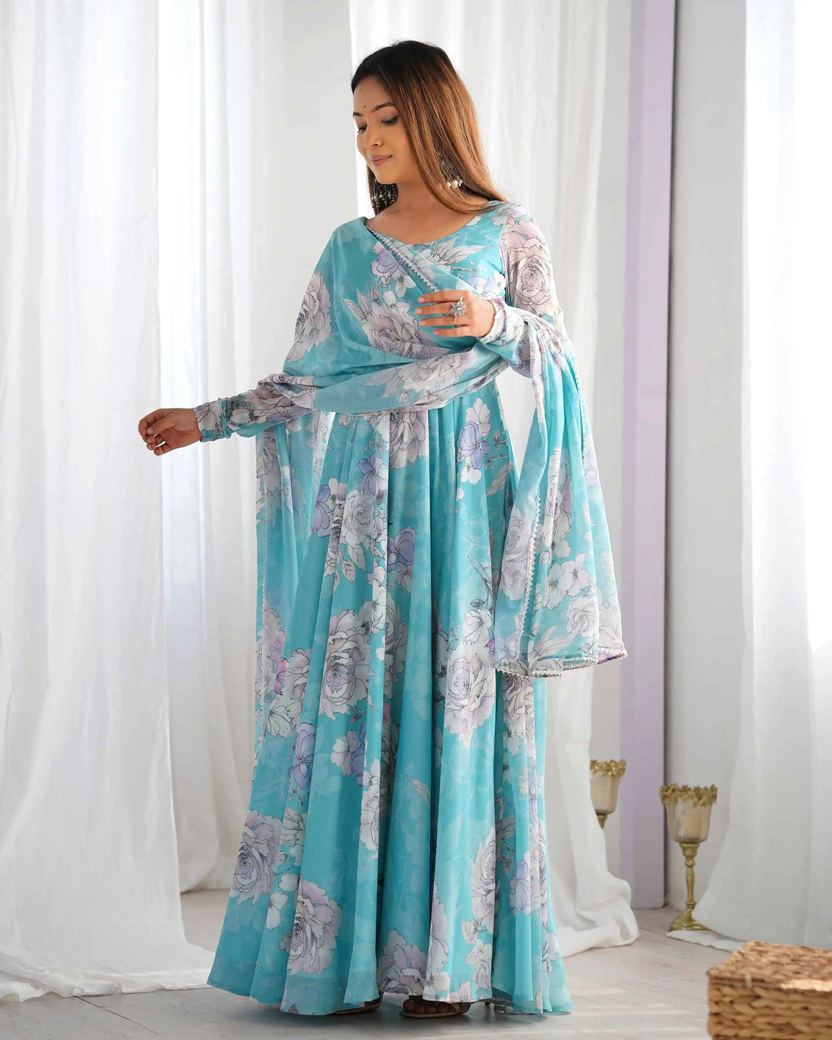 Sky Blue Anarkali Gown With Floral Print
