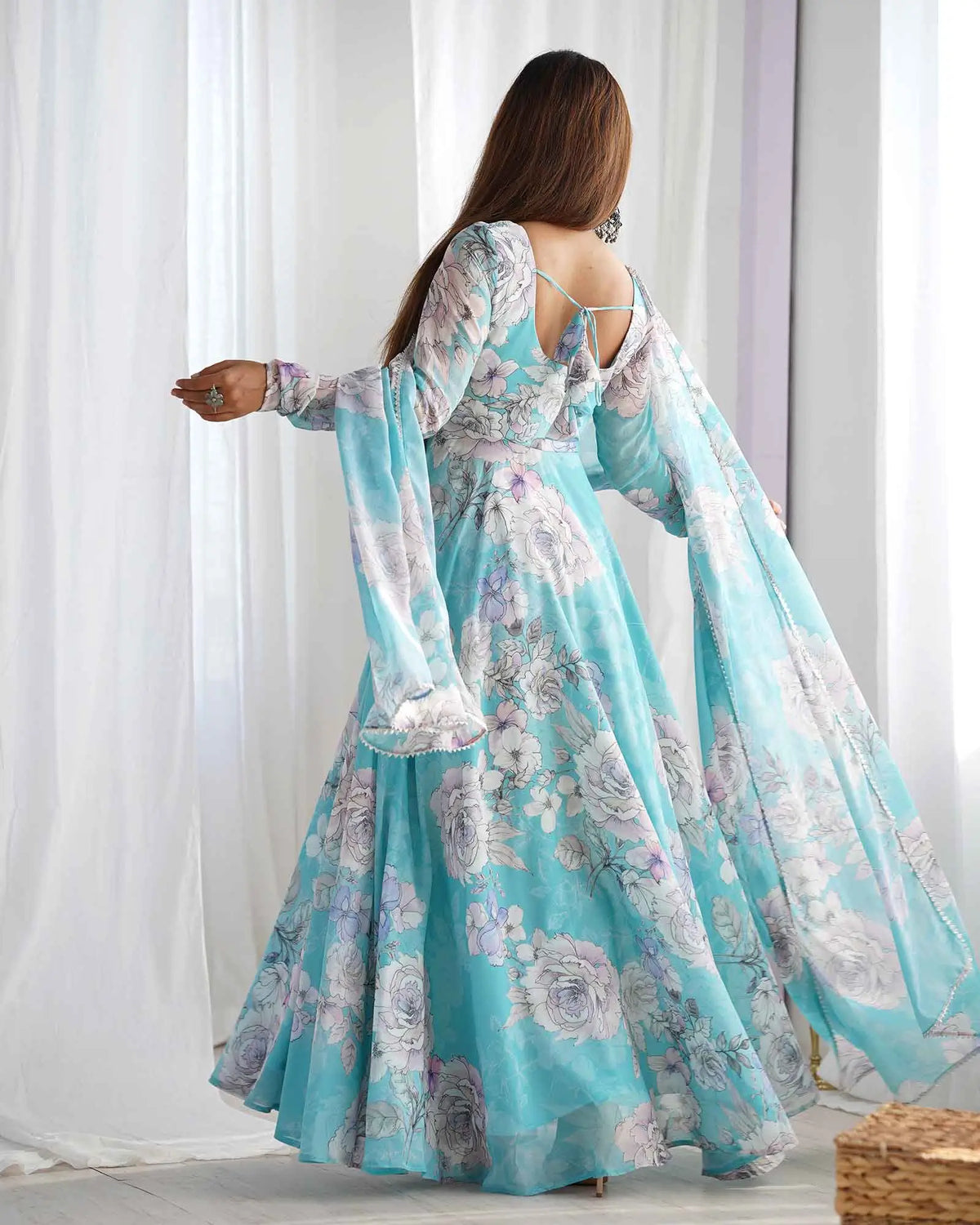 Sky Blue Anarkali Gown With Floral Print