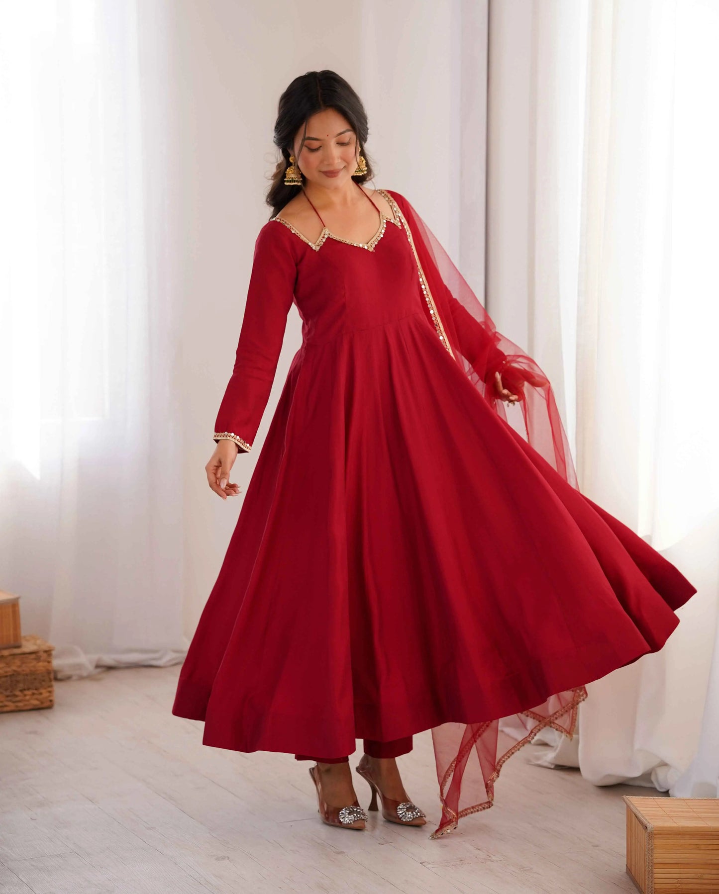Designer Maroon Silk Gown With Dupatta