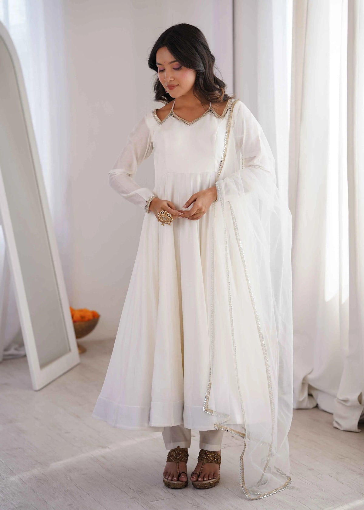 Designer Off White Silk Gown With Dupatta