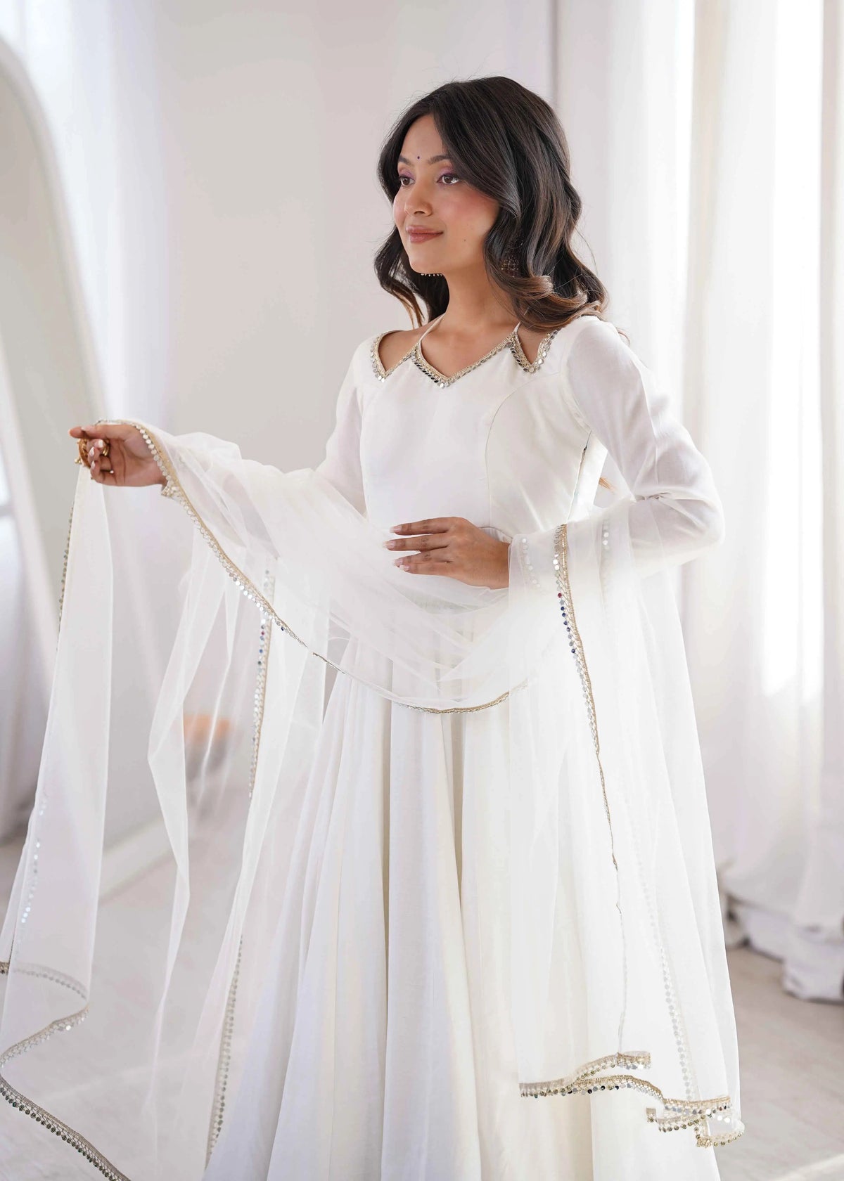 Designer Off White Silk Gown With Dupatta