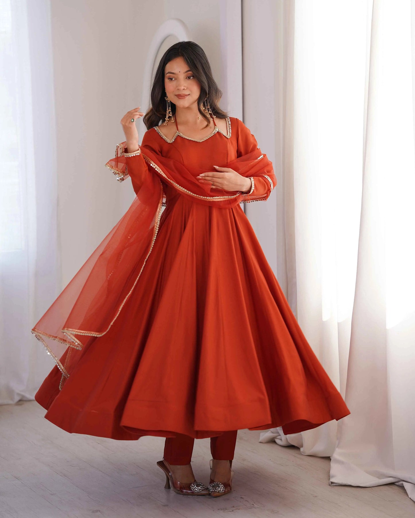 Designer Rust Silk Gown With Dupatta