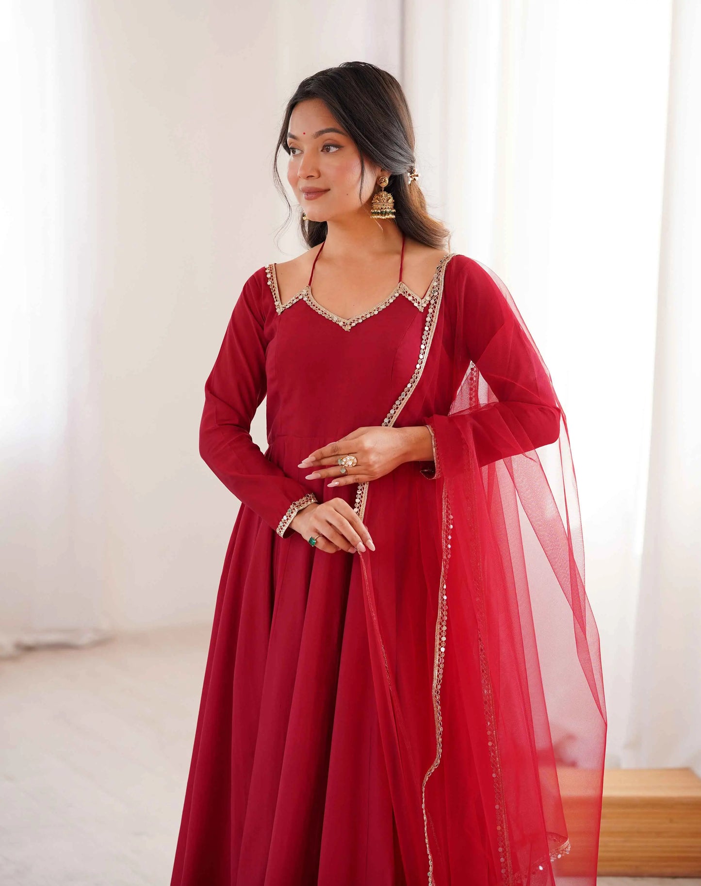 Designer Maroon Silk Gown With Dupatta