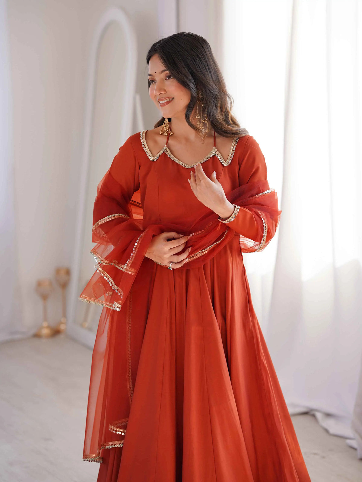 Designer Rust Silk Gown With Dupatta