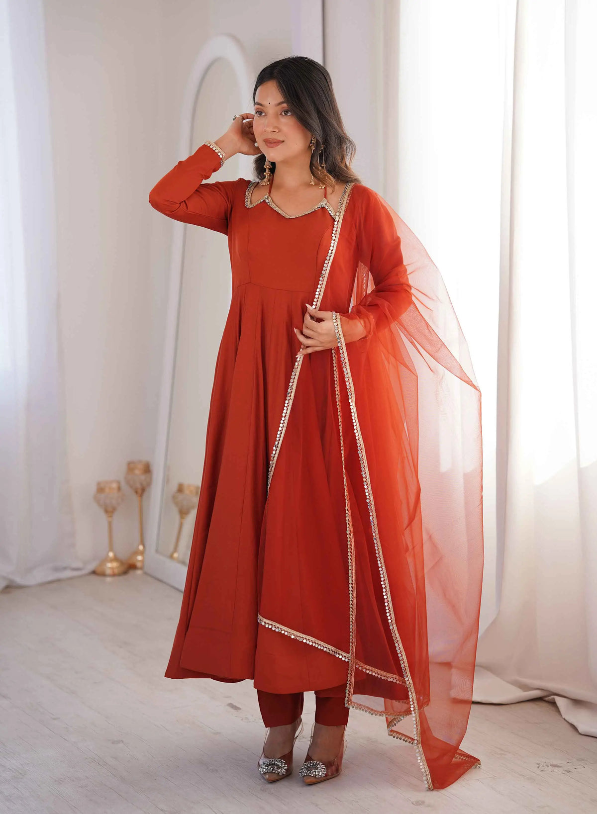 Designer Rust Silk Gown With Dupatta