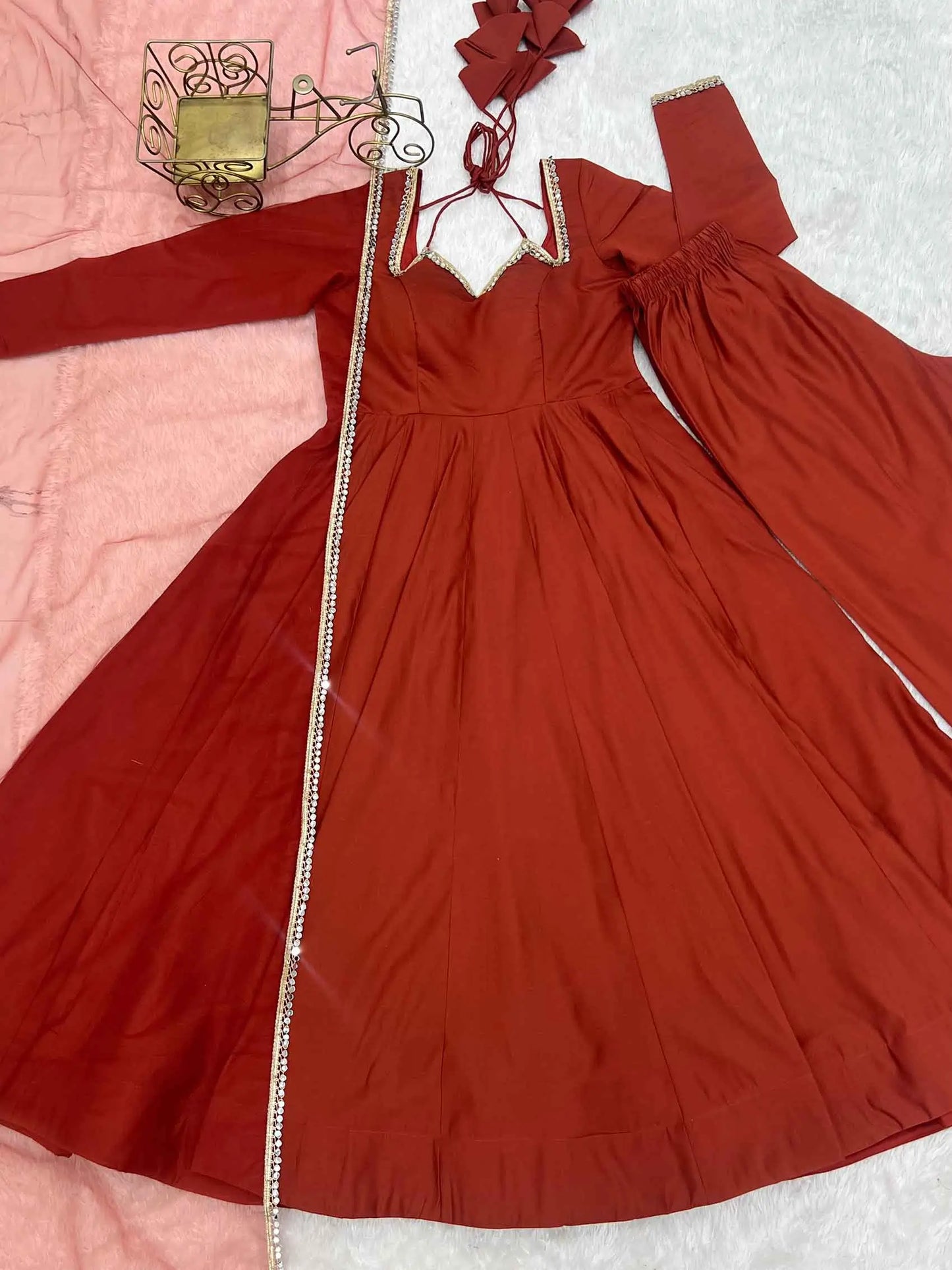 Designer Rust Silk Gown With Dupatta