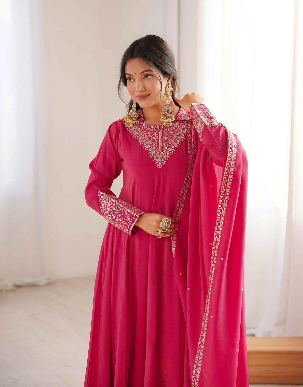 Designer Pink Silk Embroidery Work Gown