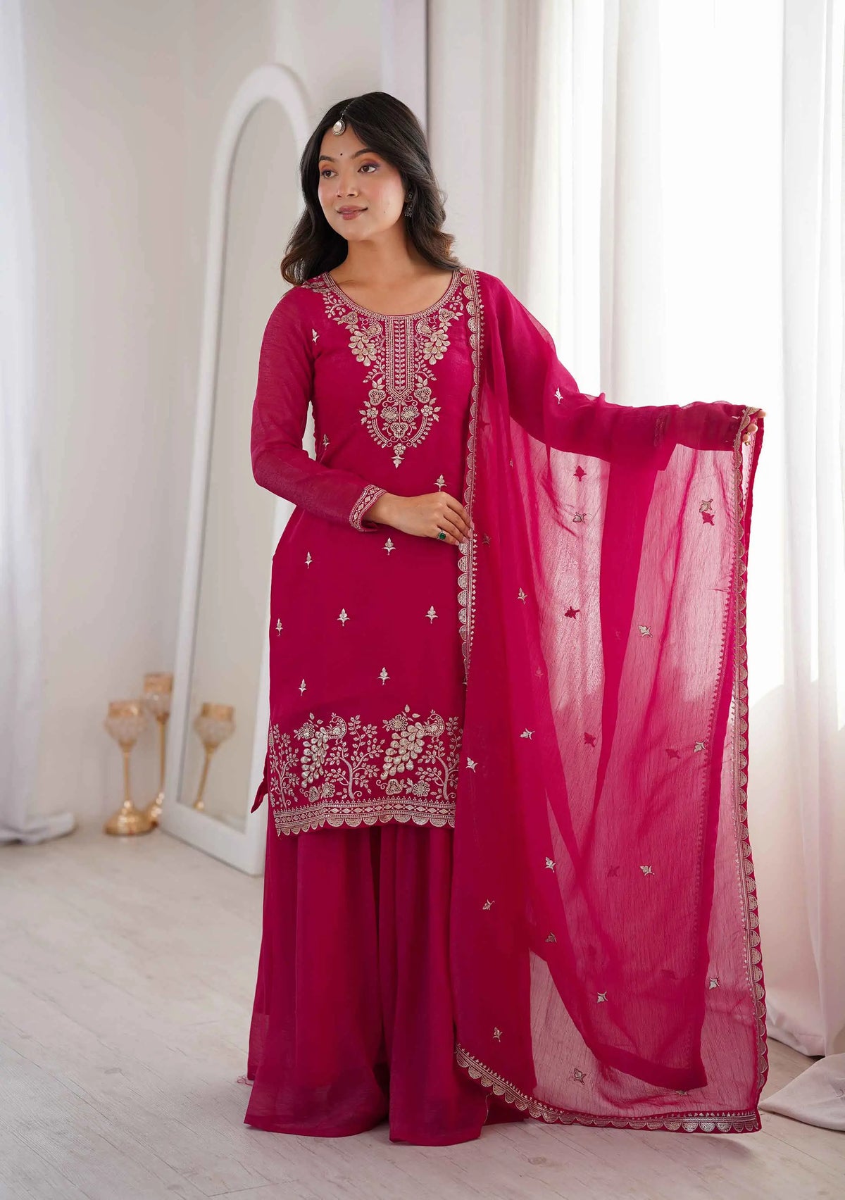 Dark Pink Embroidery Work Sharara Set