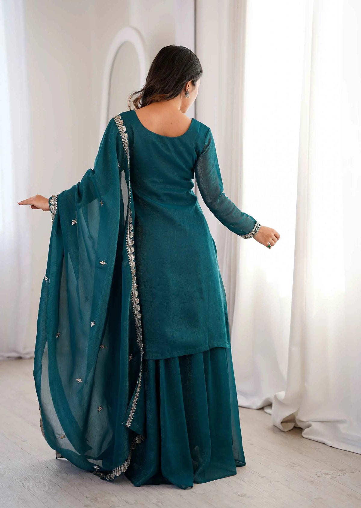 Teal Blue Embroidery Work Sharara Set