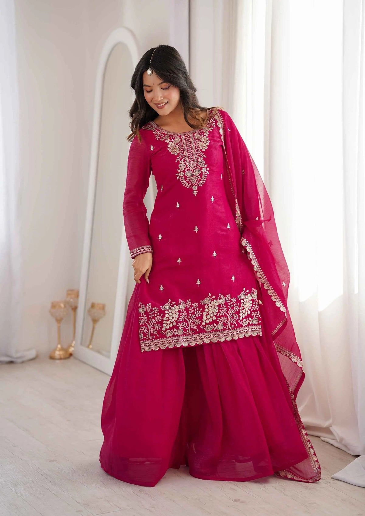 Dark Pink Embroidery Work Sharara Set