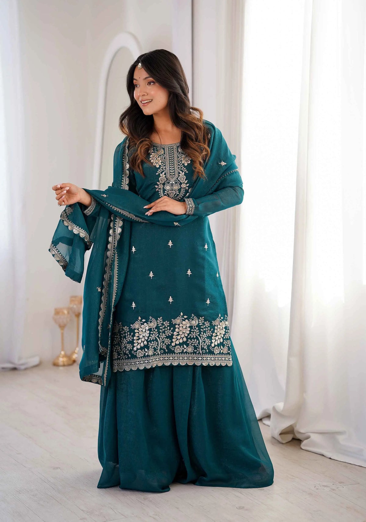 Teal Blue Embroidery Work Sharara Set
