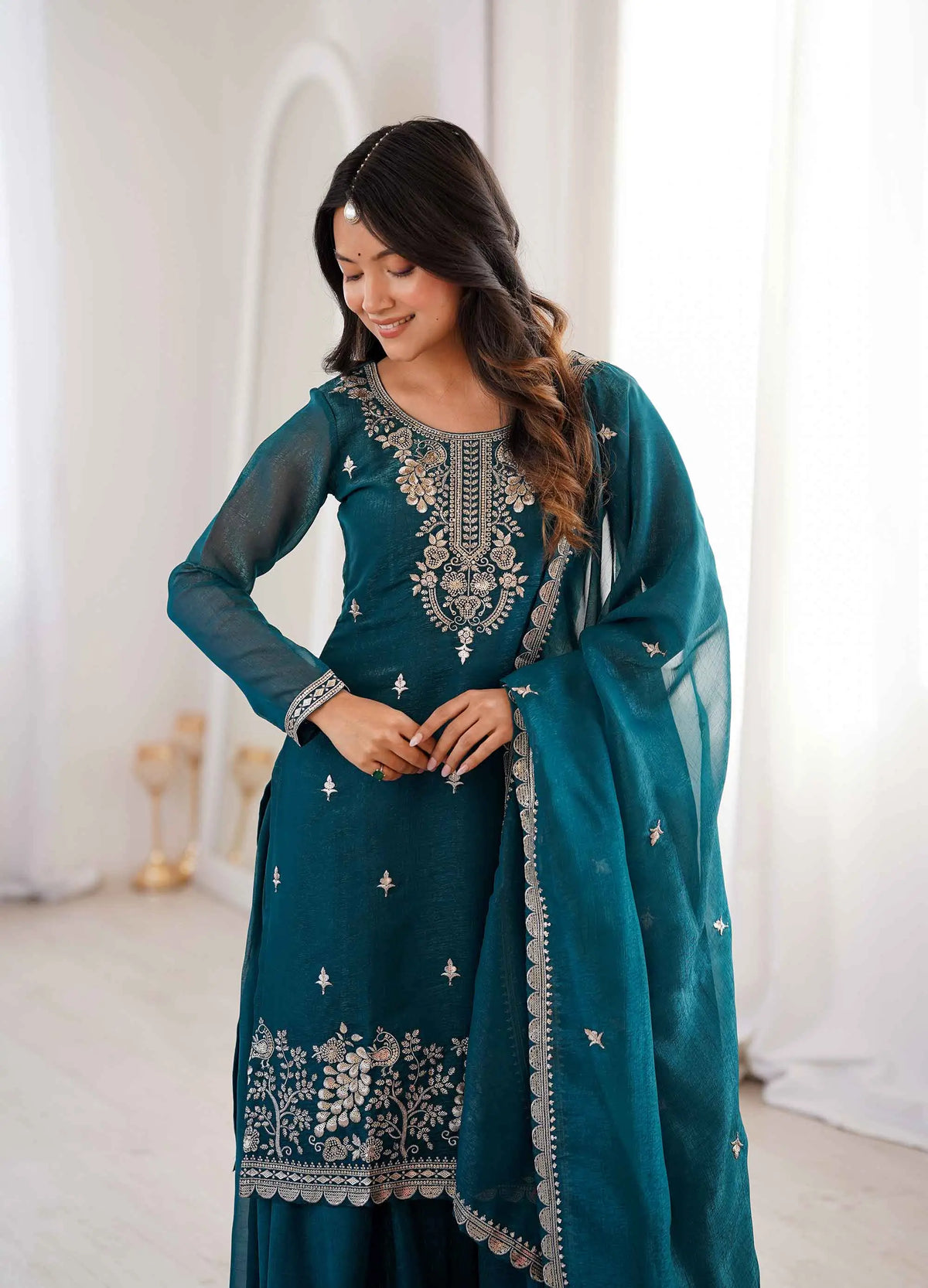 Teal Blue Embroidery Work Sharara Set