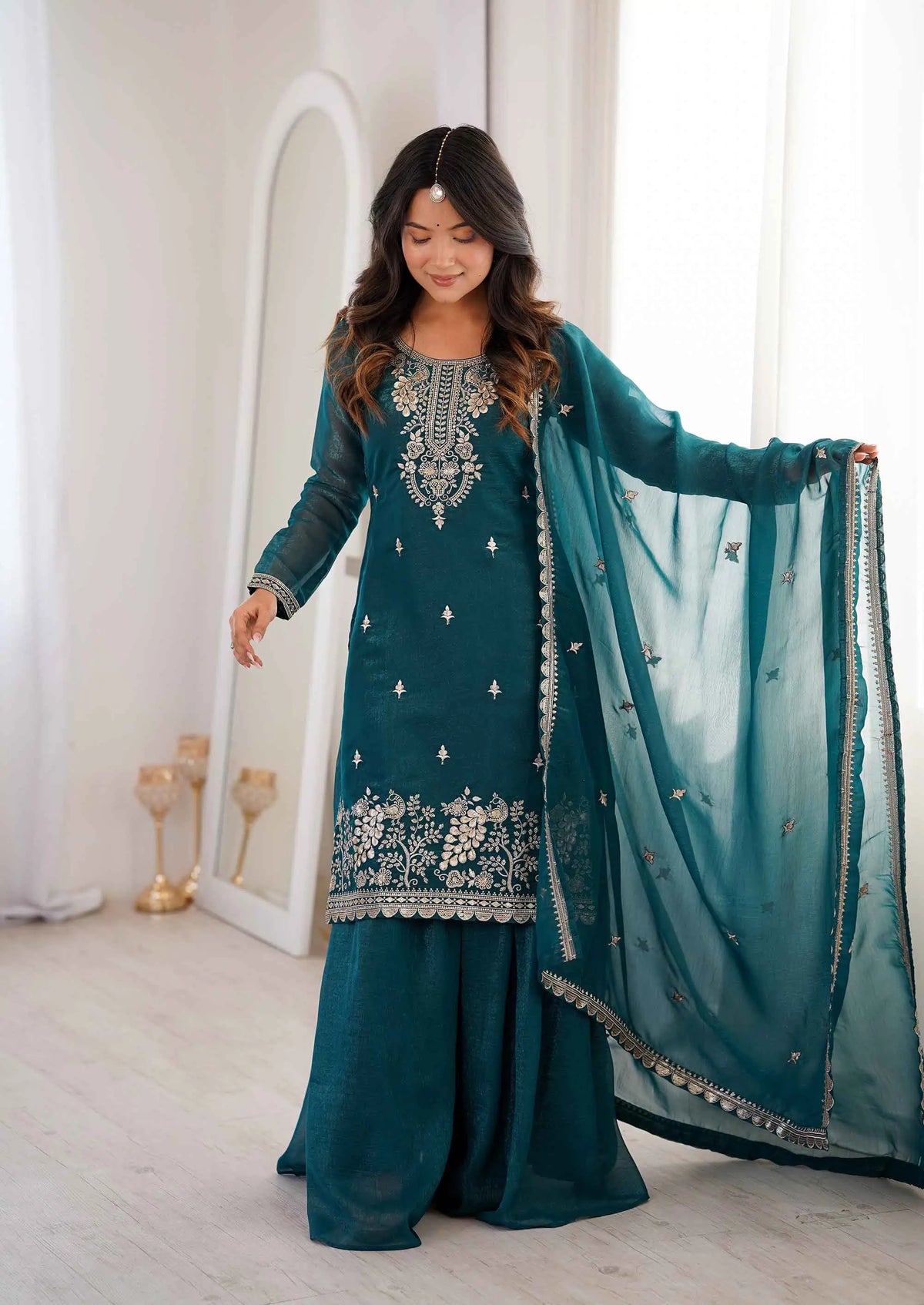 Teal Blue Embroidery Work Sharara Set