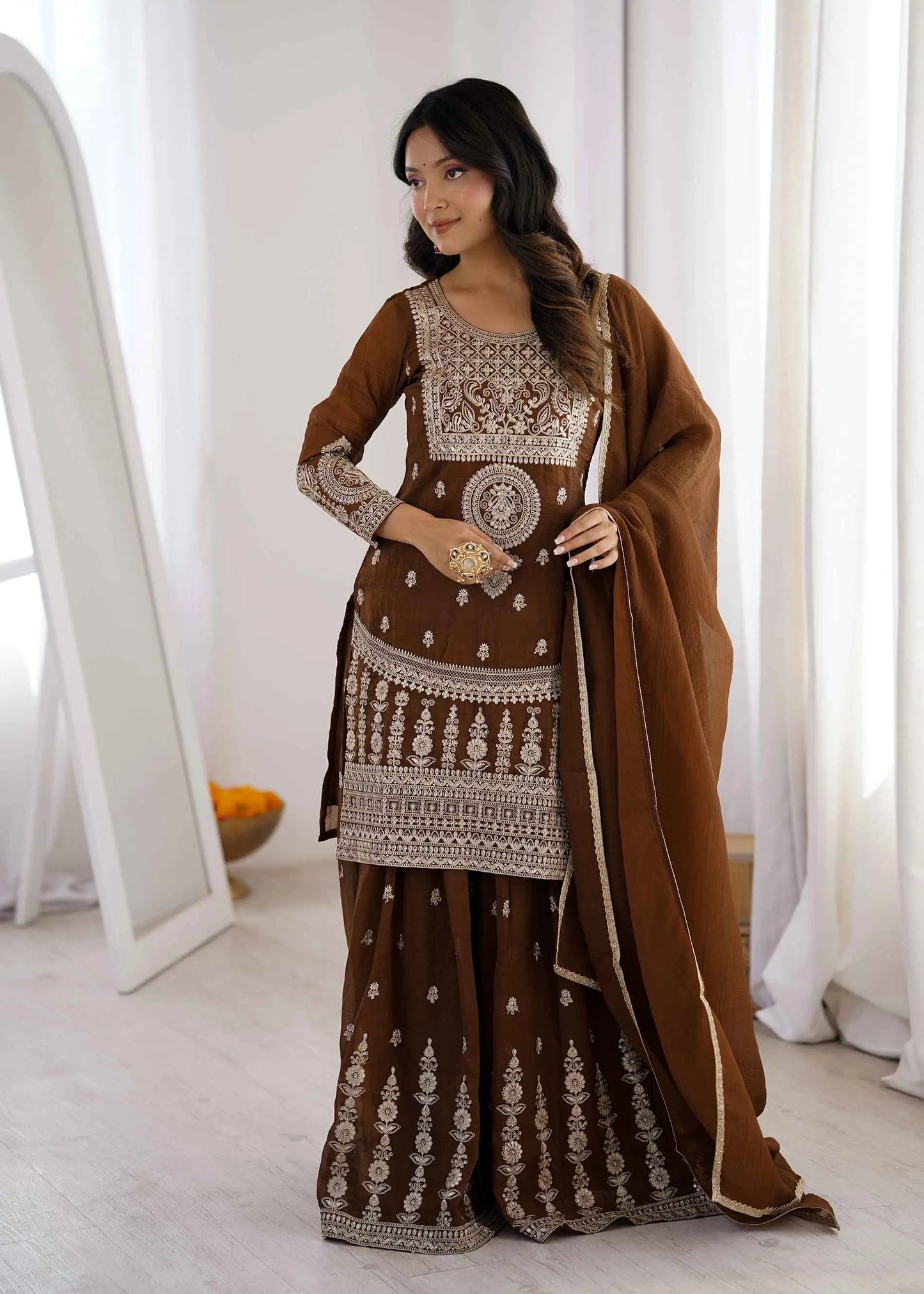 Brown Embroidery Work Sharara Set