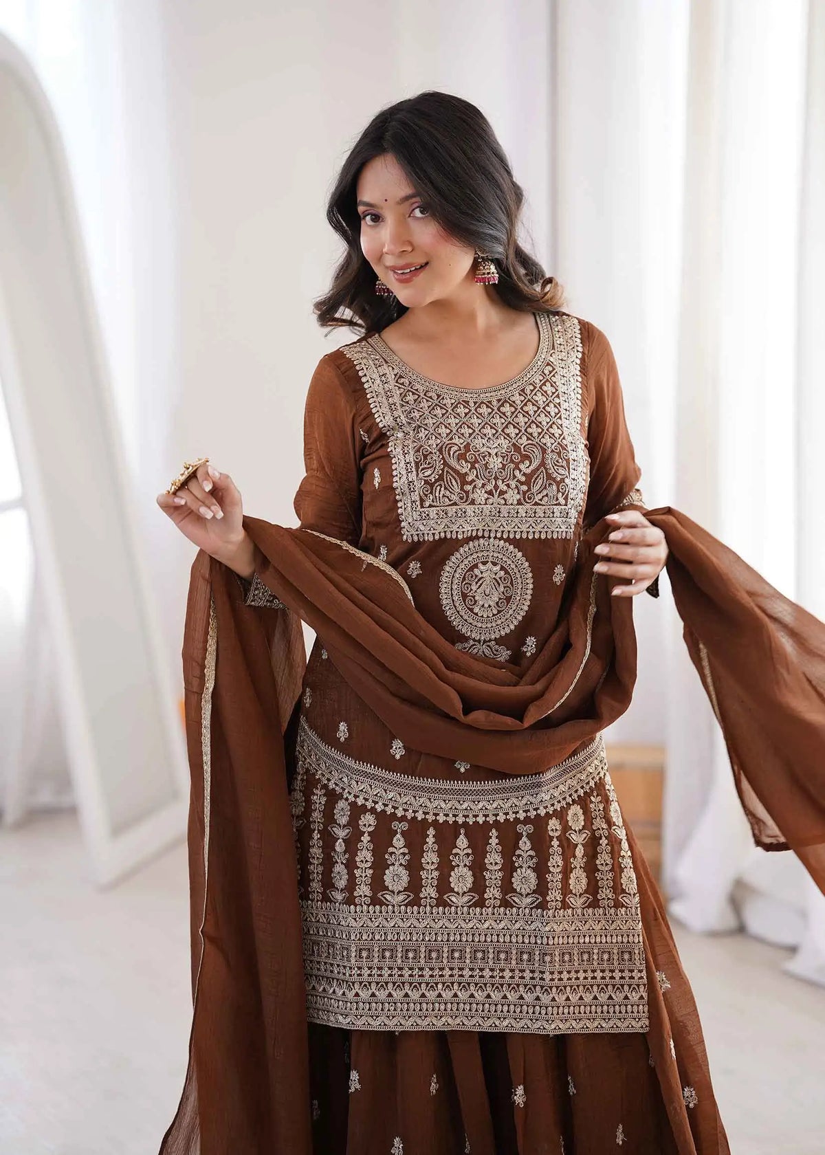 Brown Embroidery Work Sharara Set