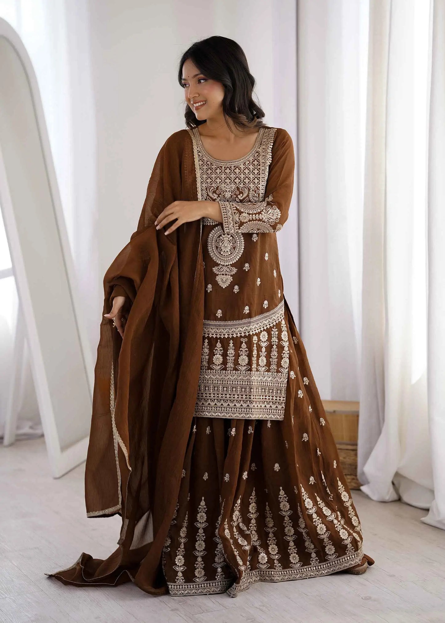 Brown Embroidery Work Sharara Set