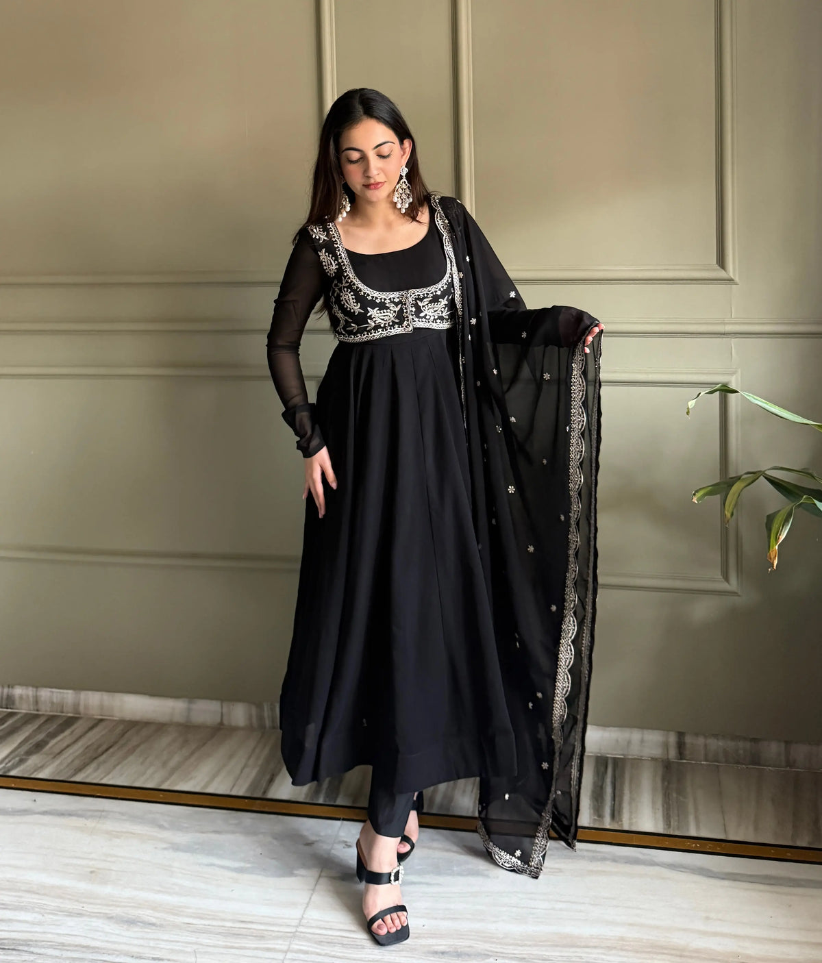 Designer Black Georgette Gown With Koti