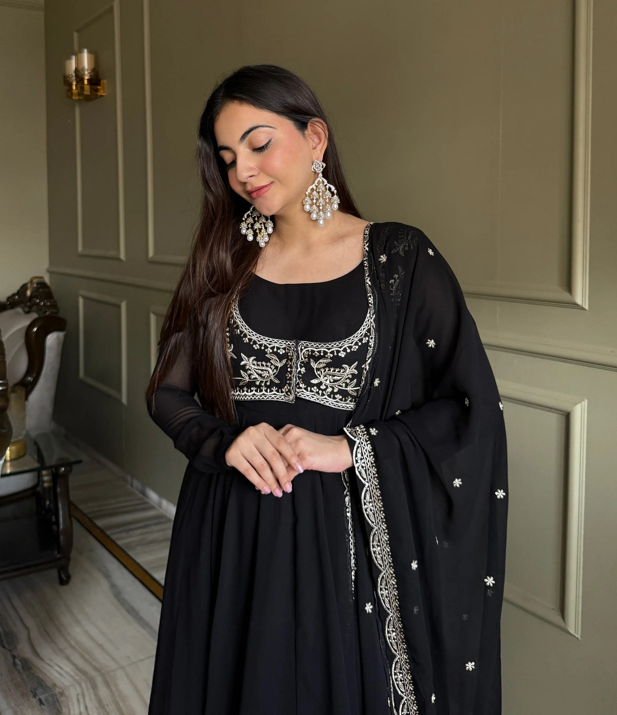 Designer Black Georgette Gown With Koti