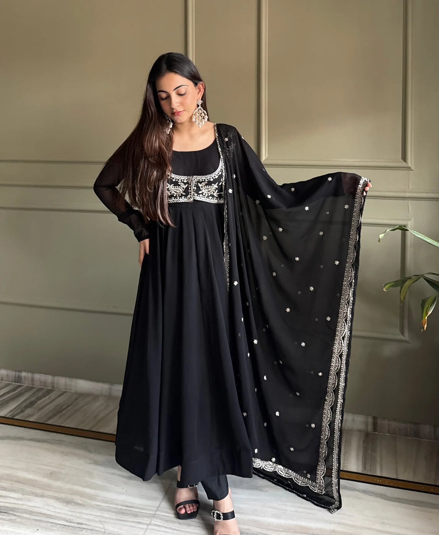 Designer Black Georgette Gown With Koti