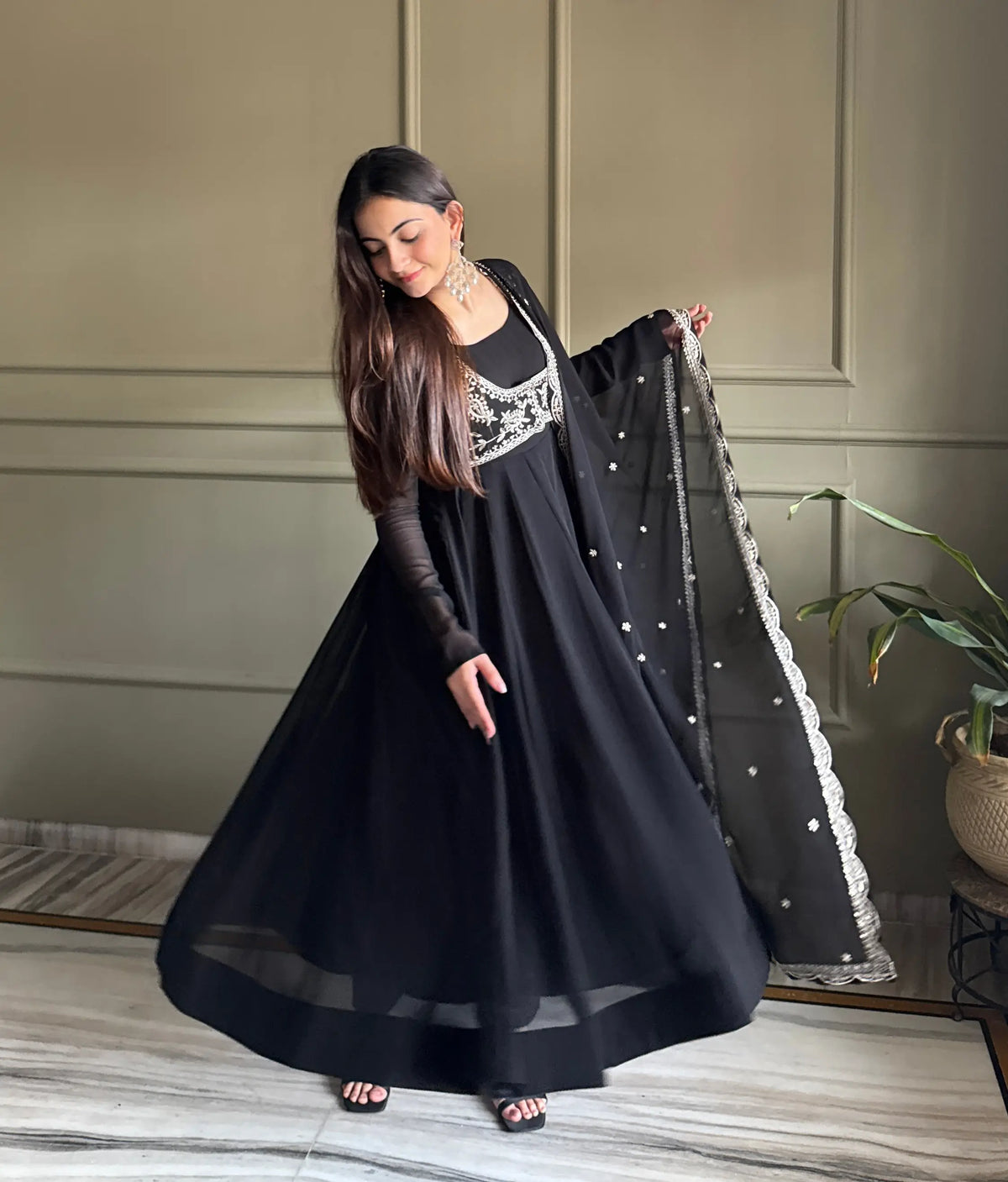 Designer Black Georgette Gown With Koti