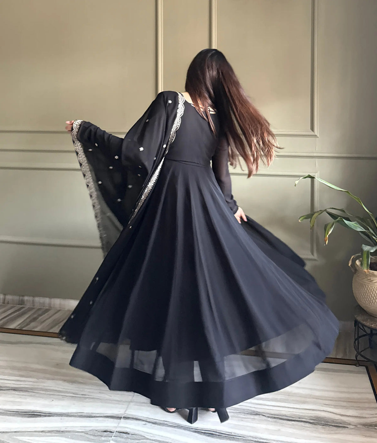 Designer Black Georgette Gown With Koti