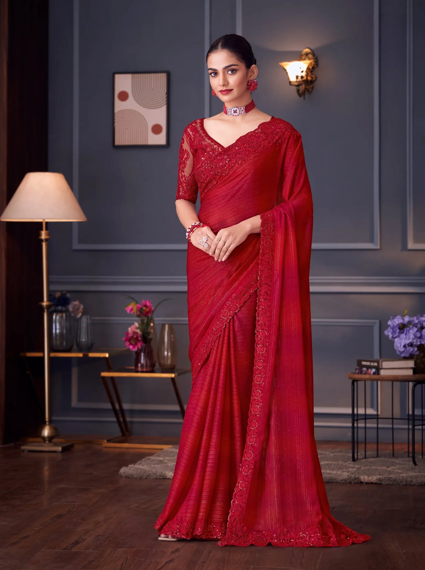 Red Glitter Silk Party Wear Saree With Thread & Sequins Embroidery Work