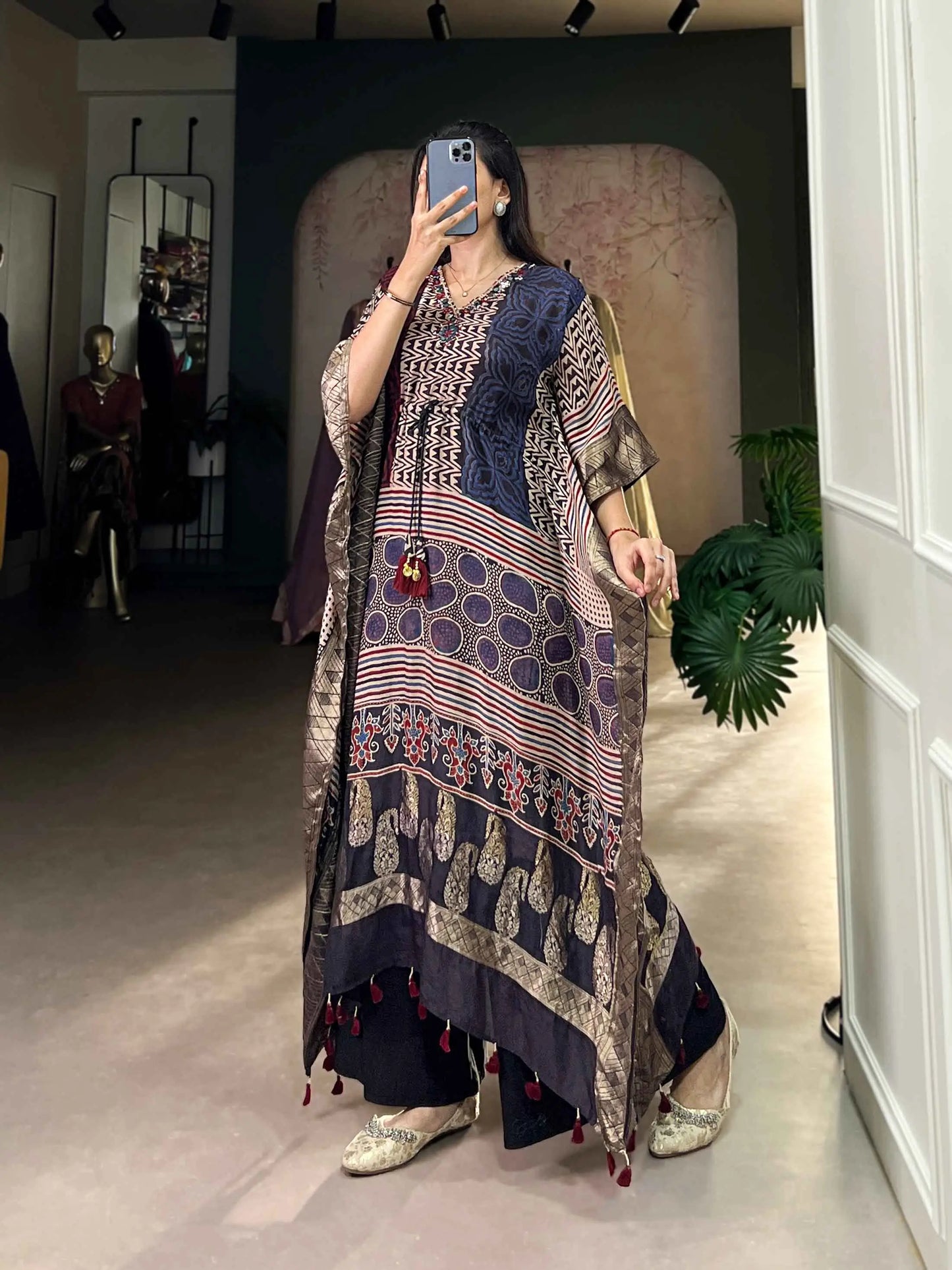 Multi Color Real Mirror Hand Work With Zari Border Kaftan