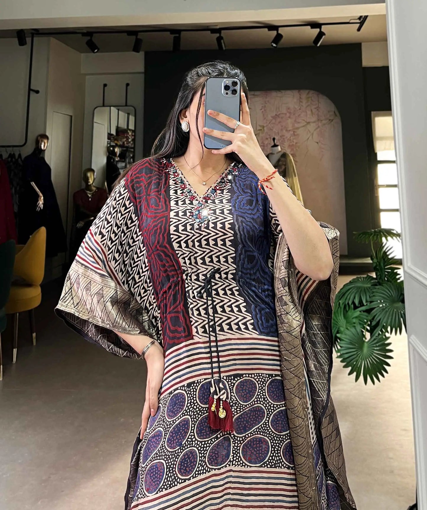 Multi Color Real Mirror Hand Work With Zari Border Kaftan