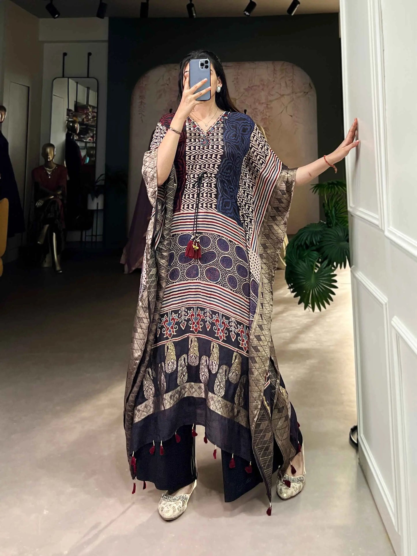 Multi Color Real Mirror Hand Work With Zari Border Kaftan