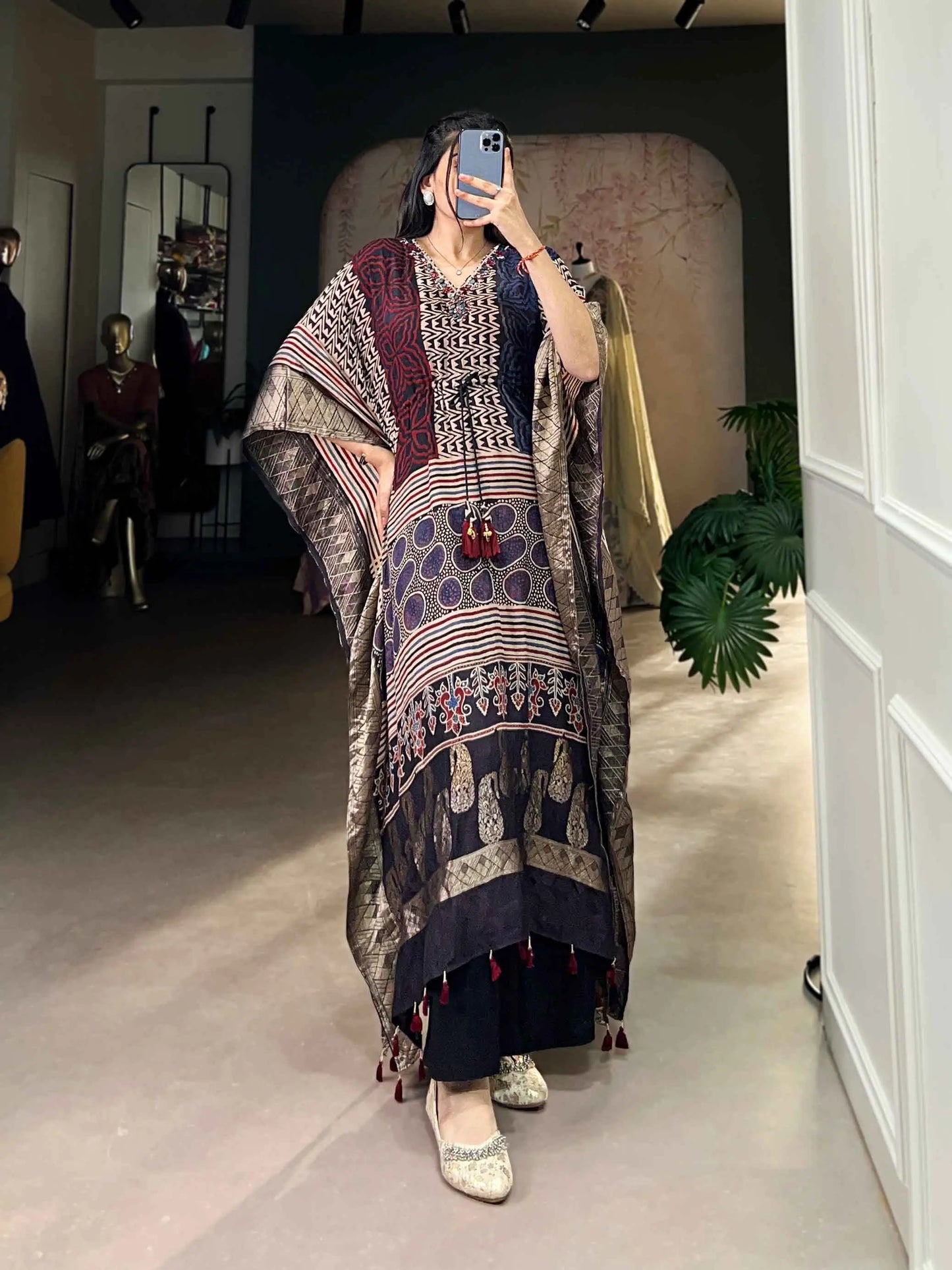 Multi Color Real Mirror Hand Work With Zari Border Kaftan