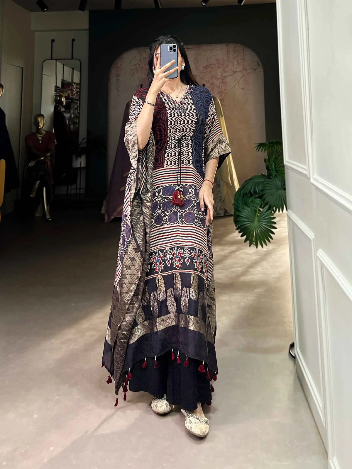 Multi Color Real Mirror Hand Work With Zari Border Kaftan