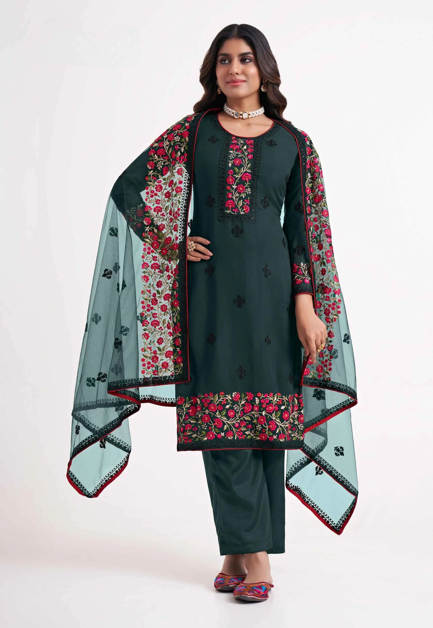 Deep Green Multi thread Zari Sequins Embroidery Floral Work Salwar Suit Set