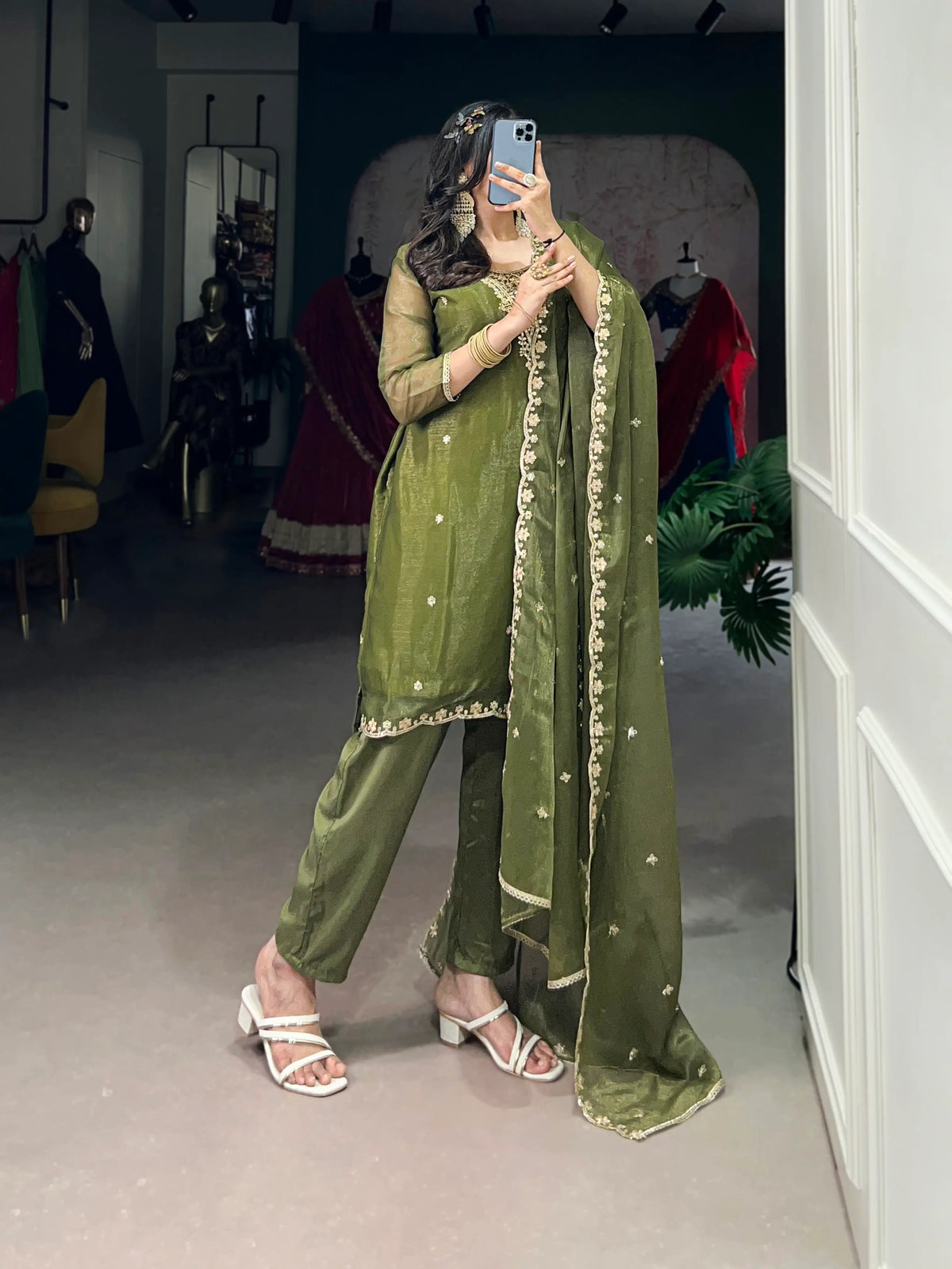 Olive Green Salwar Suit With Sequins & Thread Embroidery Work