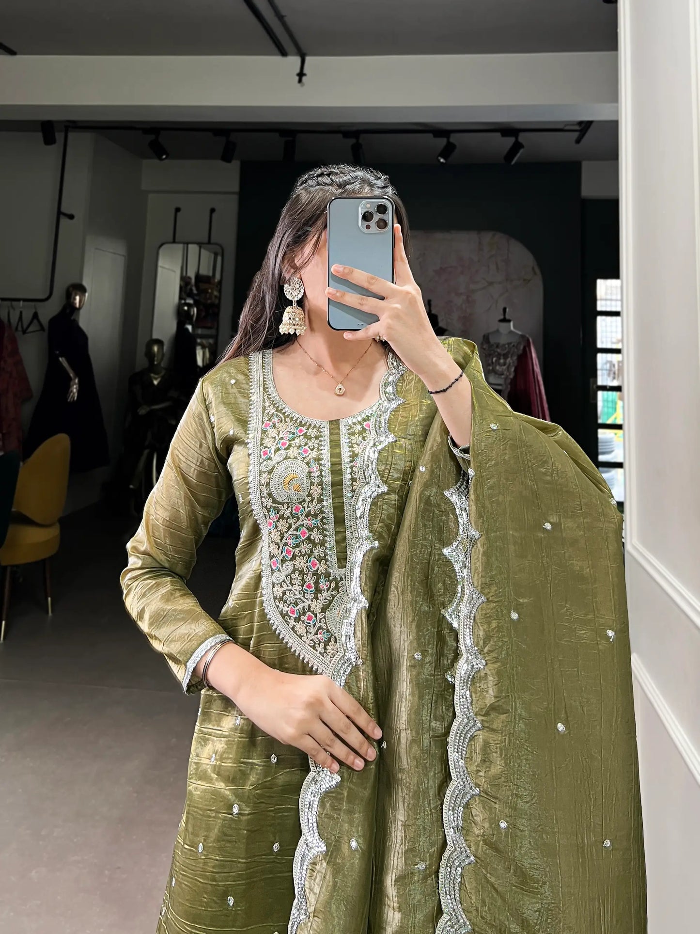 Olive Green Gold Crush Salwar Suit With Sequins & Thread Embroidery Work