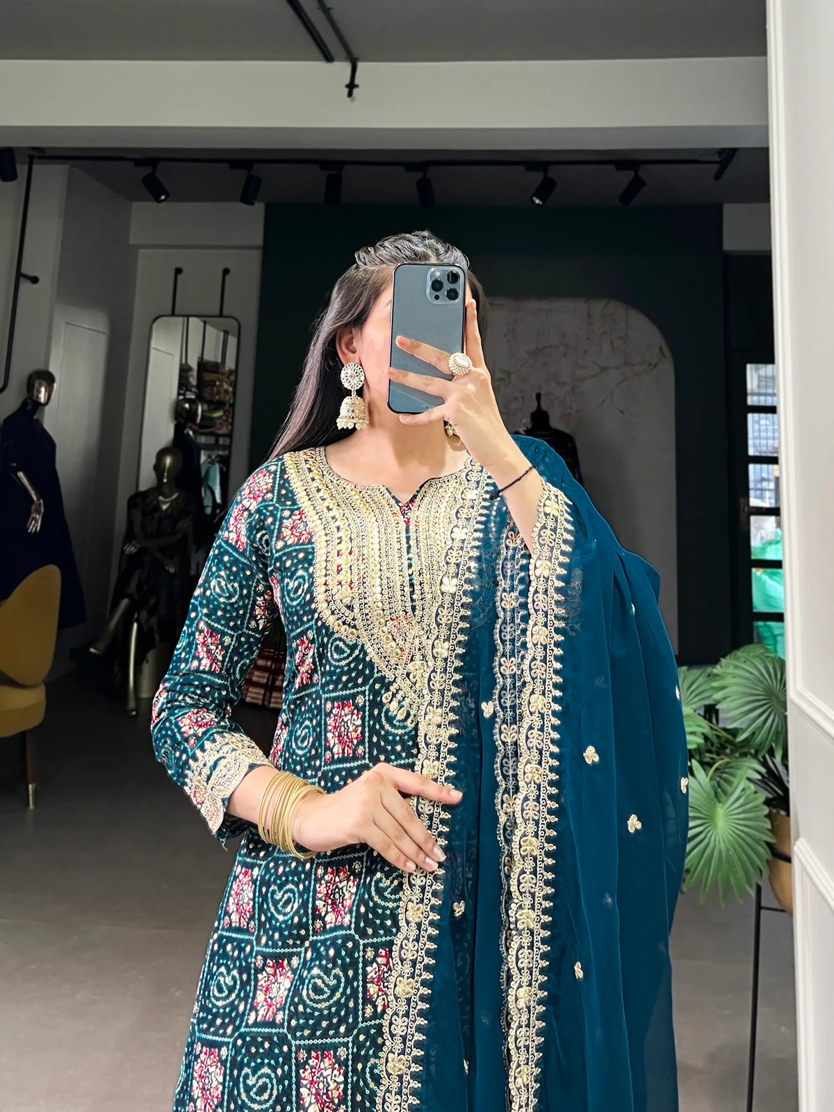 Teal Blue Rayon Salwar Suit With Print & Embroidery Work