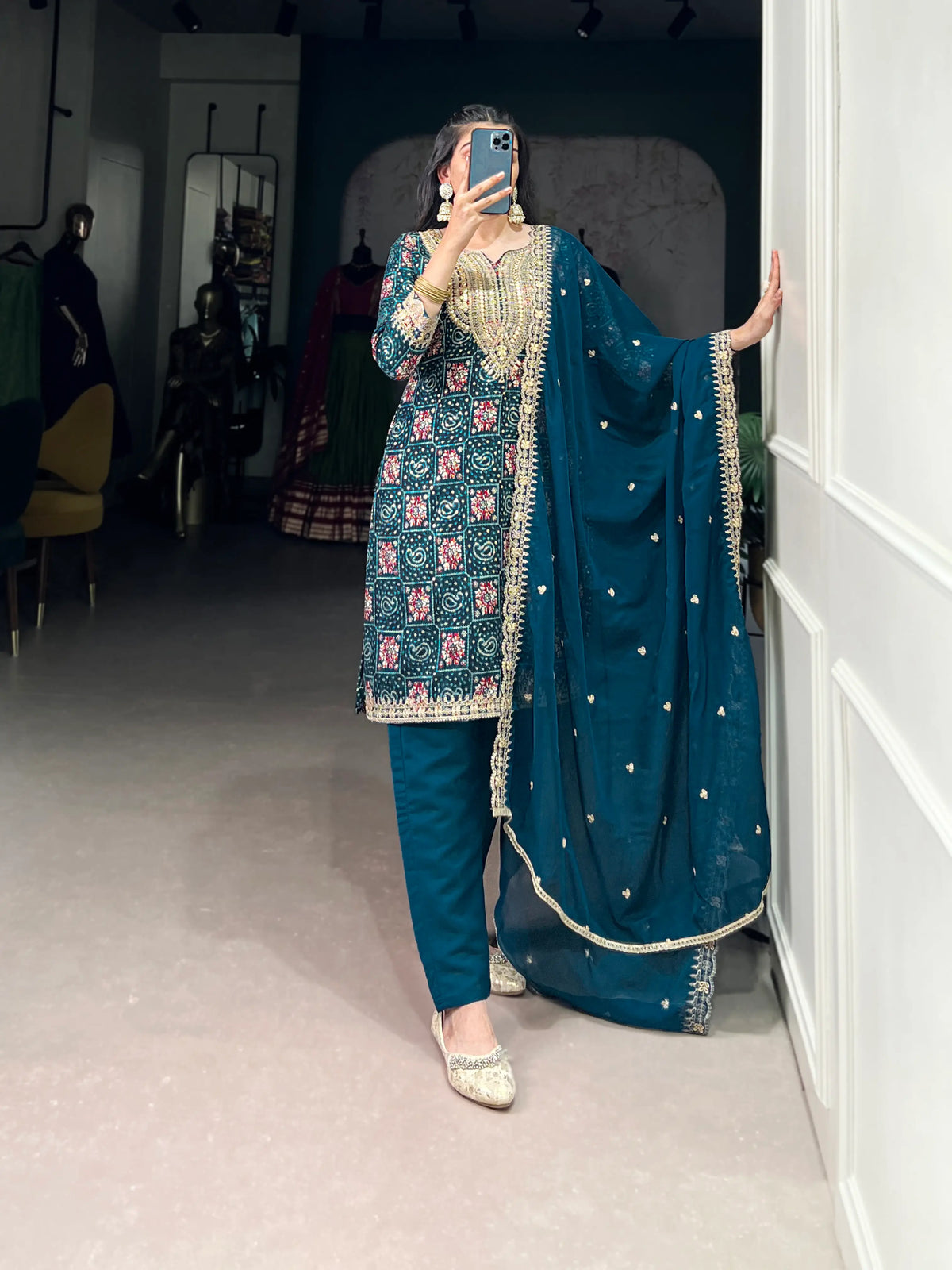 Teal Blue Rayon Salwar Suit With Print & Embroidery Work