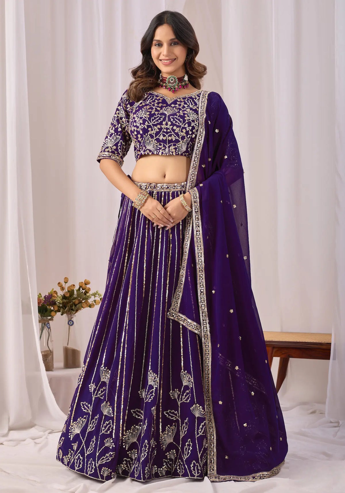 Deep Purple Embroidery Lehenga Choli