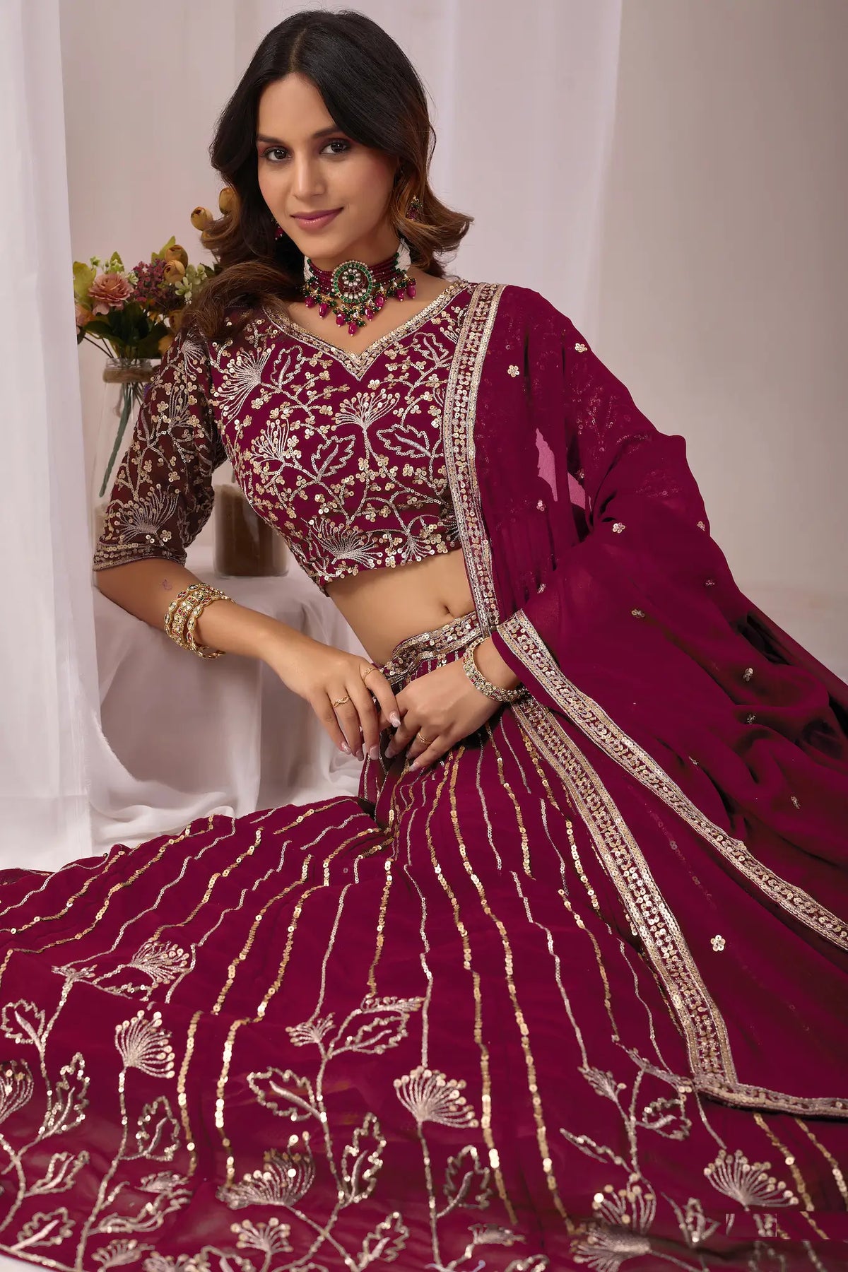 Wine Red Embroidery Lehenga Choli