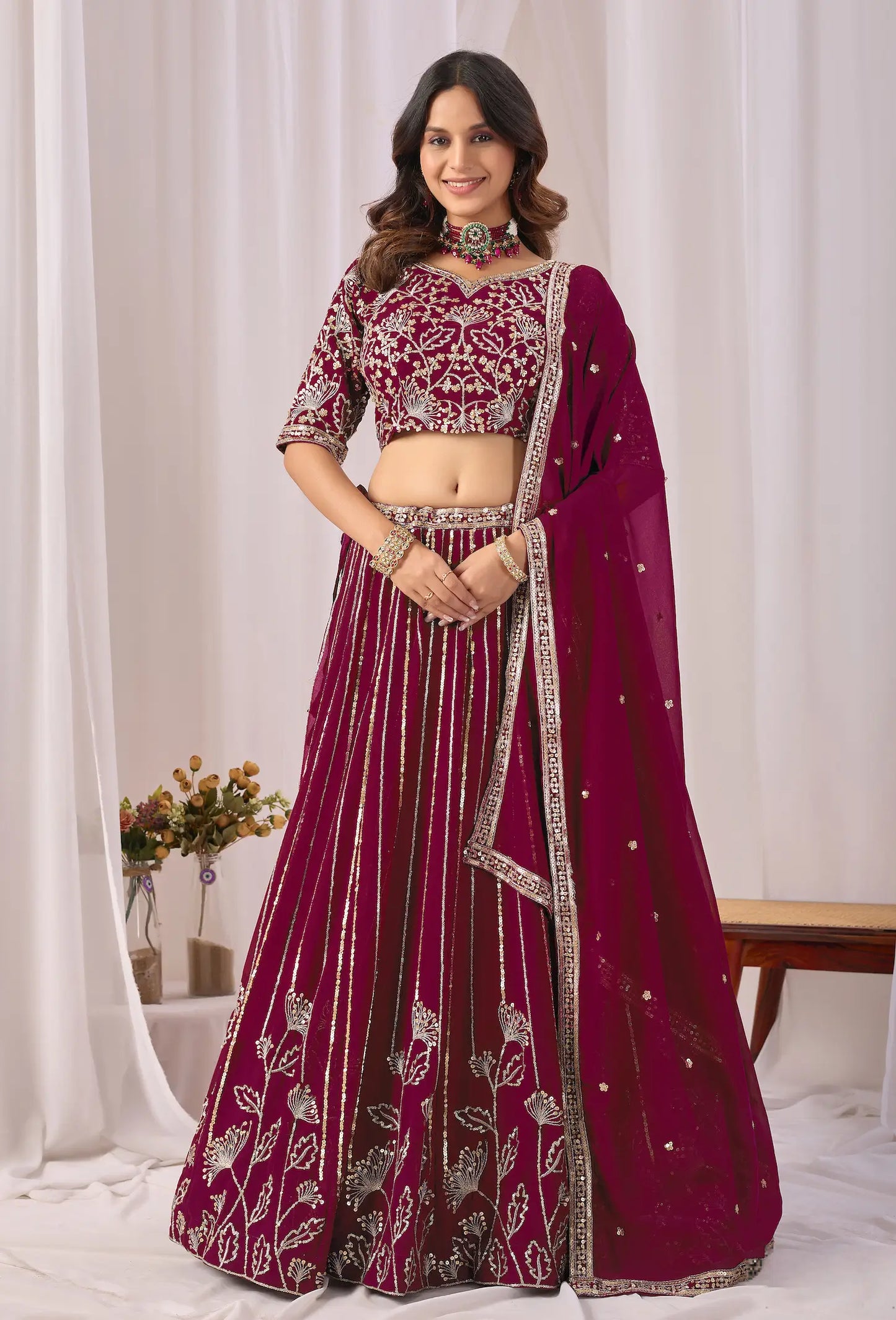 Wine Red Embroidery Lehenga Choli