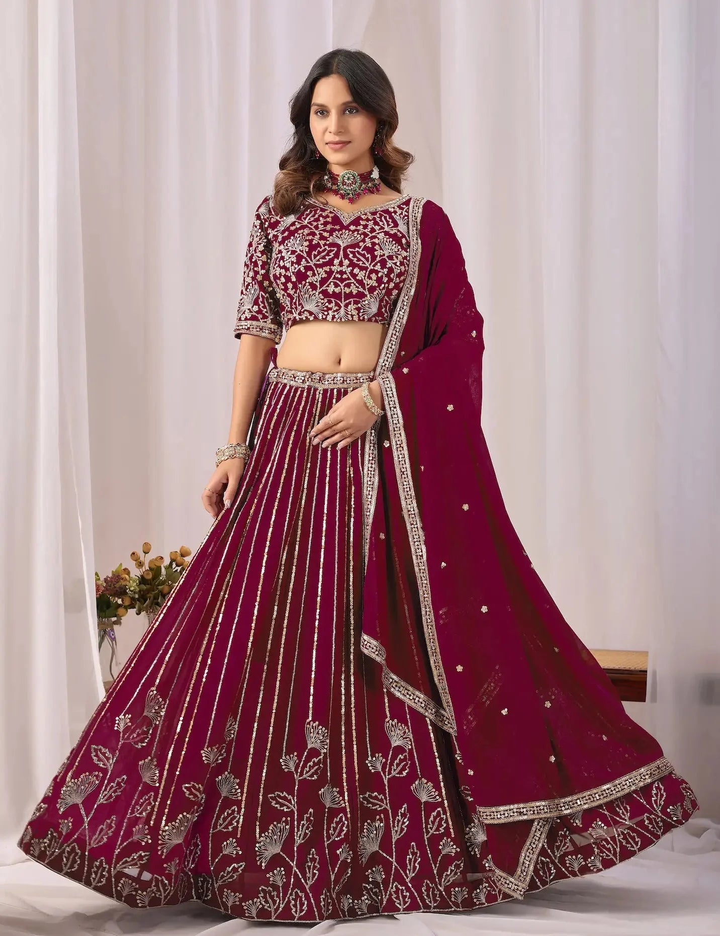 Wine Red Embroidery Lehenga Choli