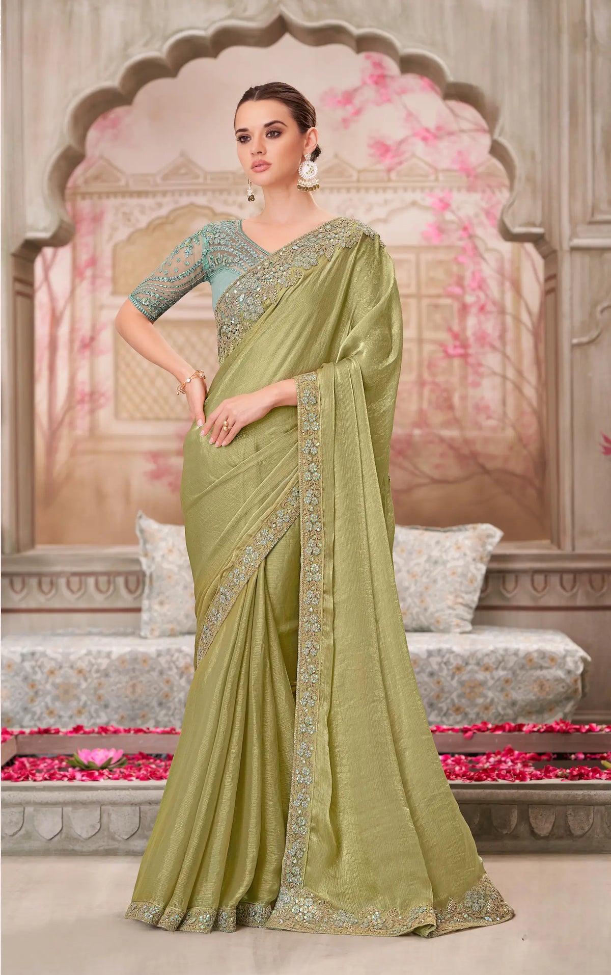 Olive Green Glass Silk Chiffon Party Wear Saree With Sequence & Thread Embroidery Work