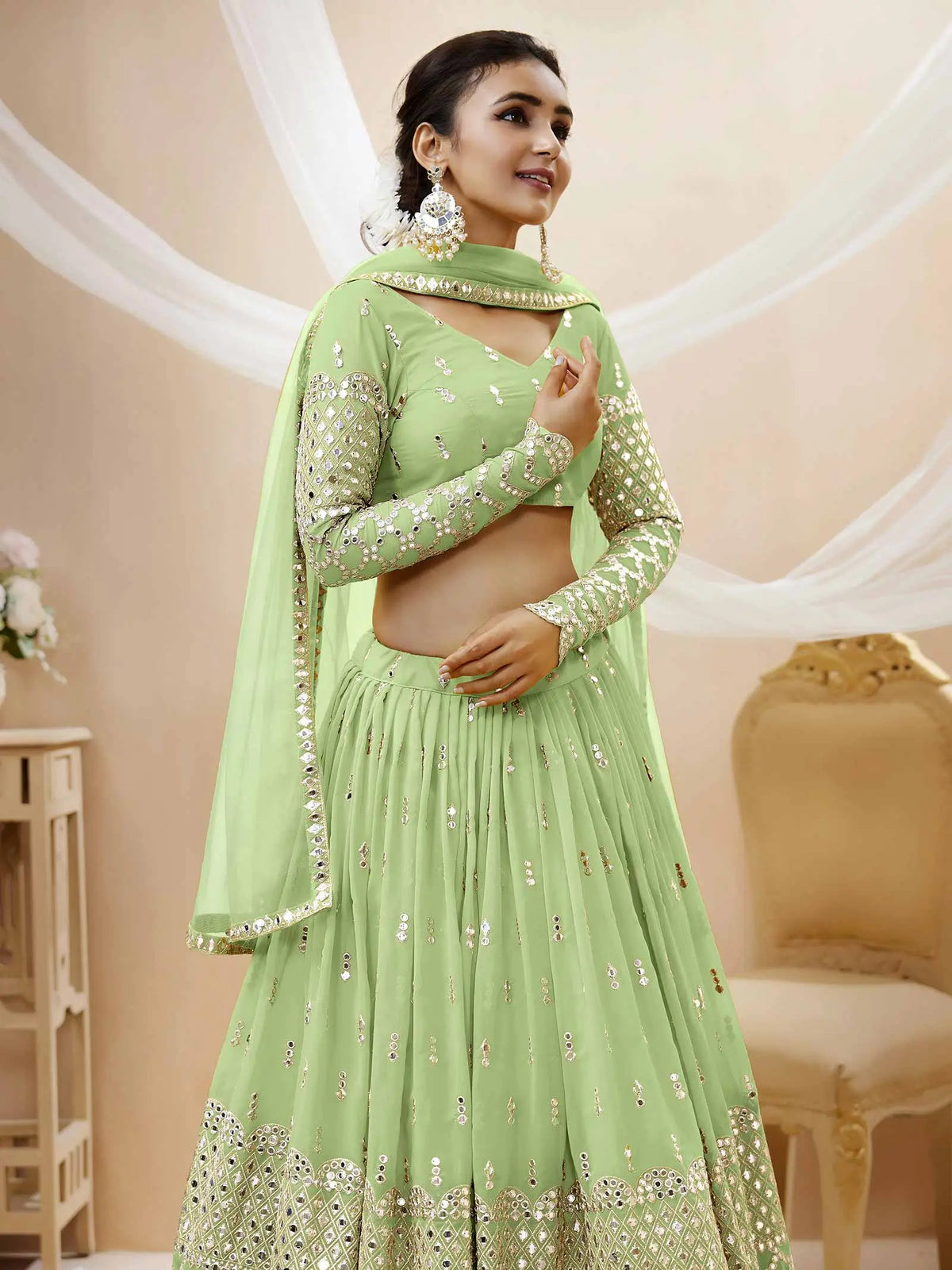 Pista Georgette Lehenga  With Sequence Embroidery Work With Soft Net Dupatta