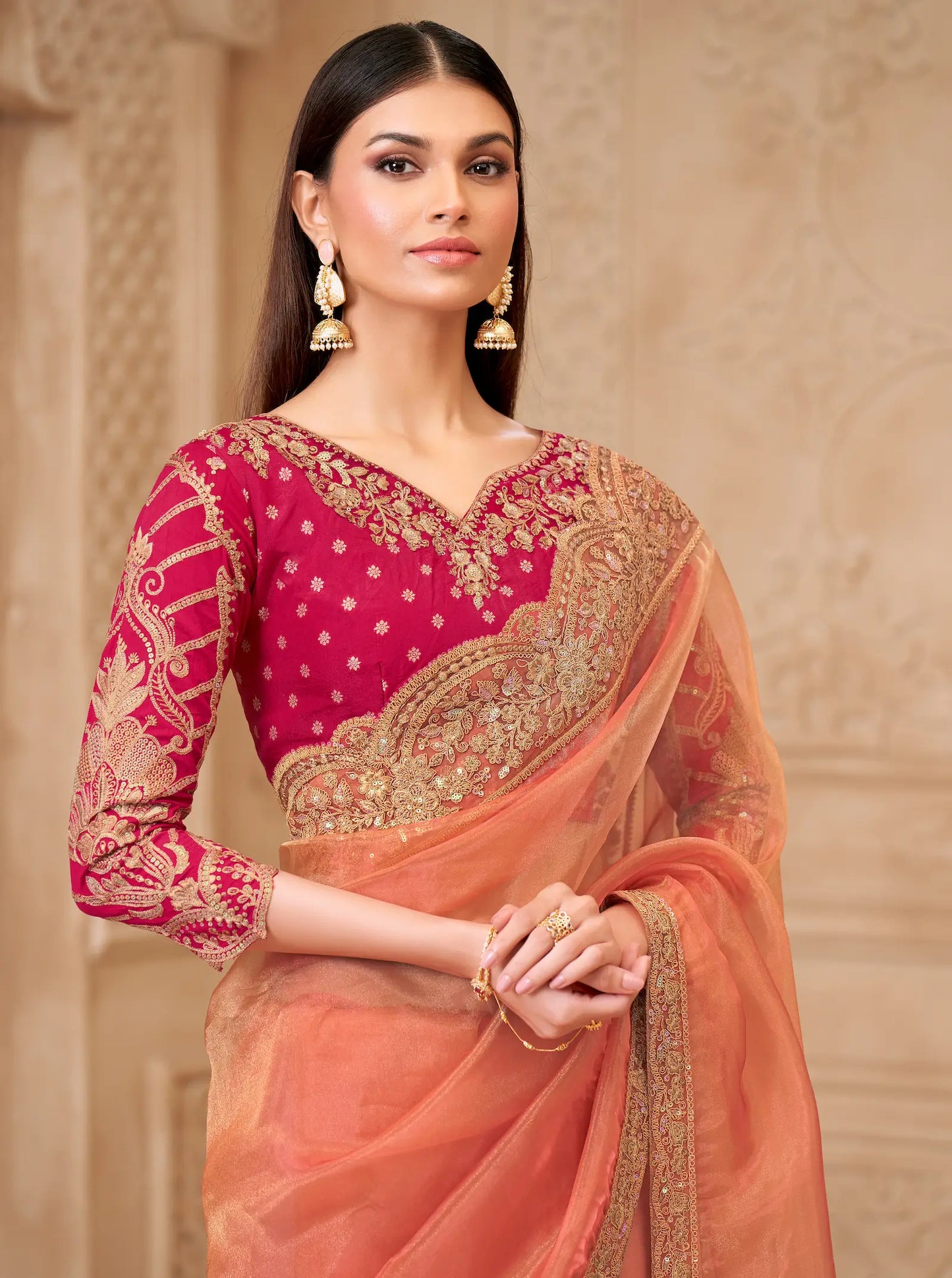 Peach Sparkle Georgette Embroidery Party Wear Saree