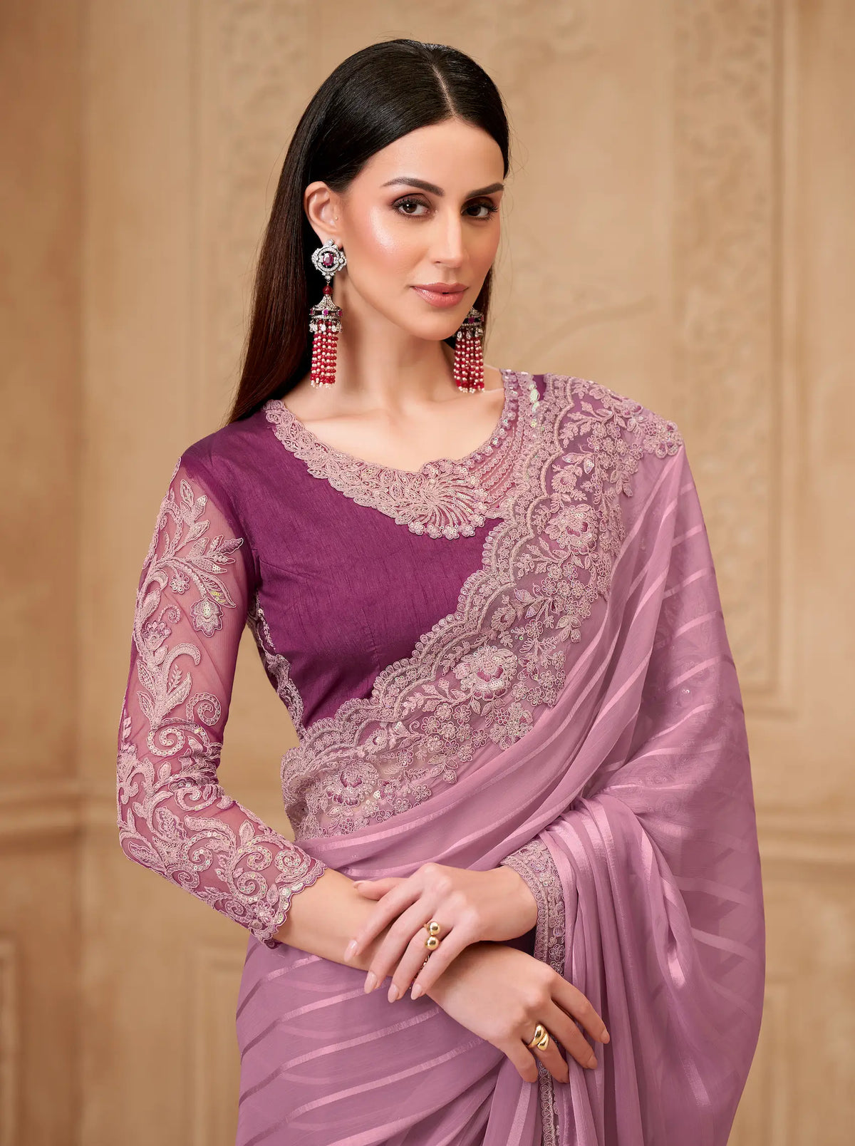 Onion Pink Pattern Georgette Embroidery Party Wear Saree