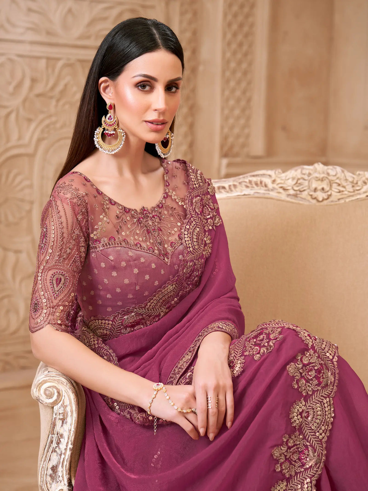 Brick Red Georgette Embroidery Party Wear Saree
