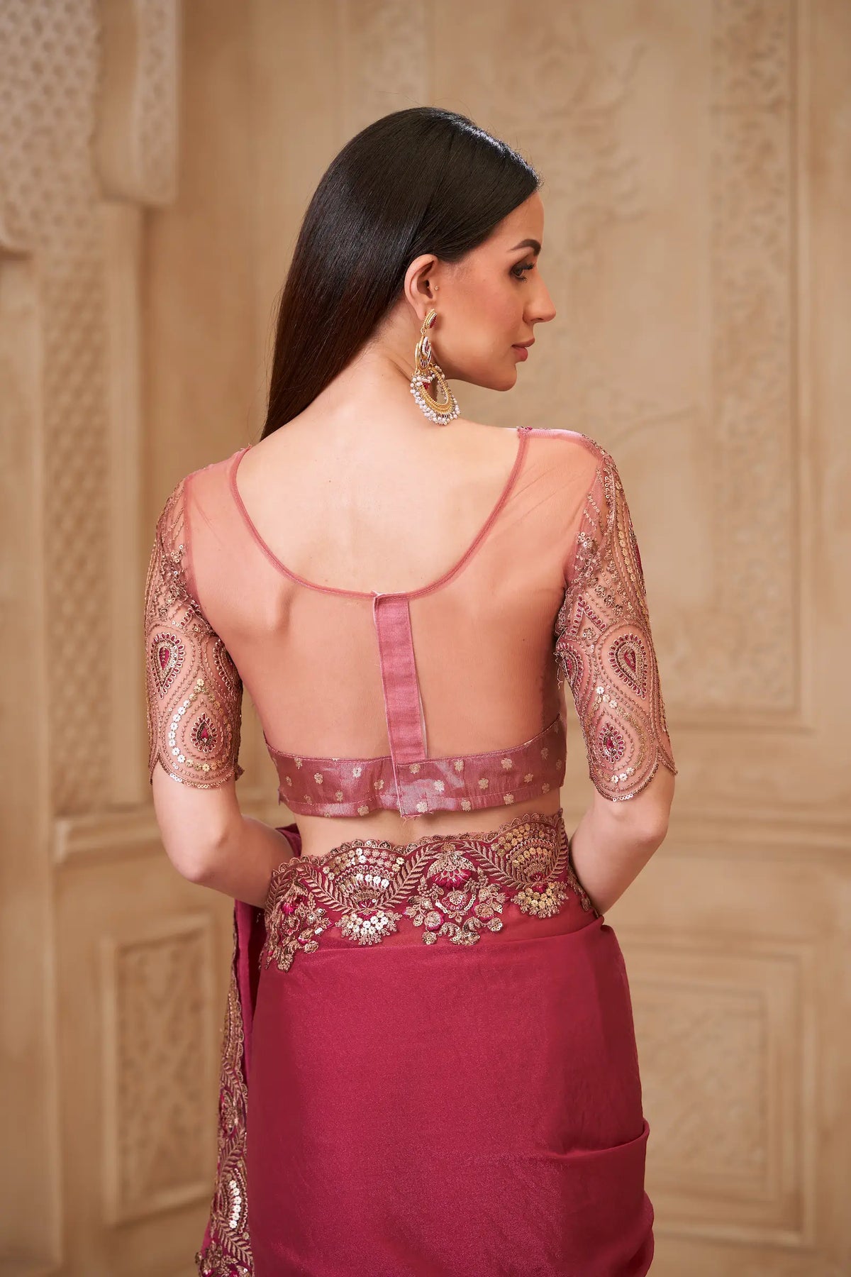 Brick Red Georgette Embroidery Party Wear Saree