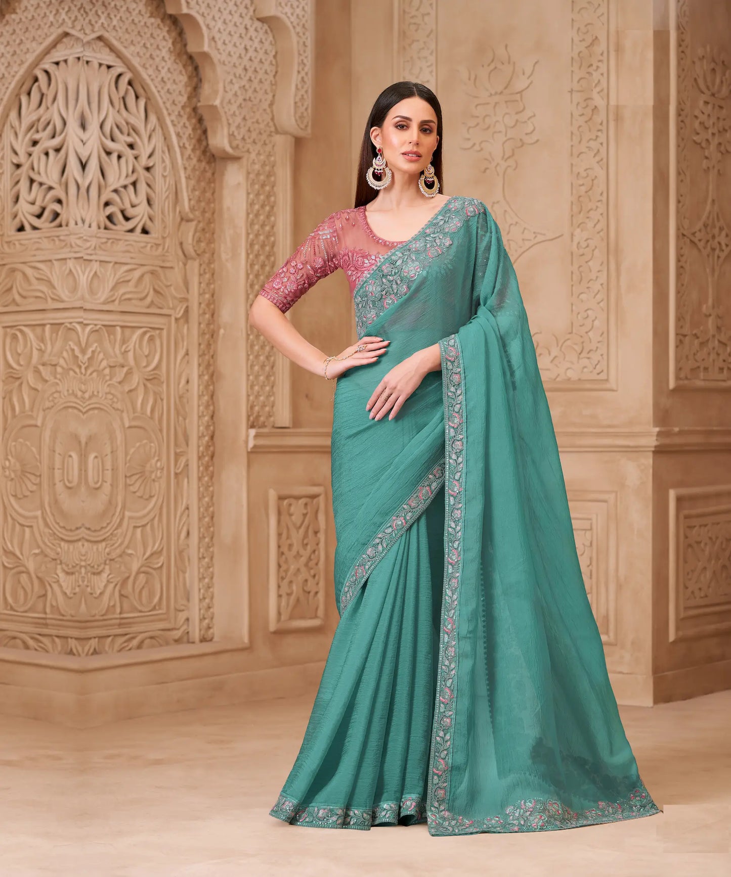 Dusty Teal Crush Georgette Embroidery Party Wear Saree