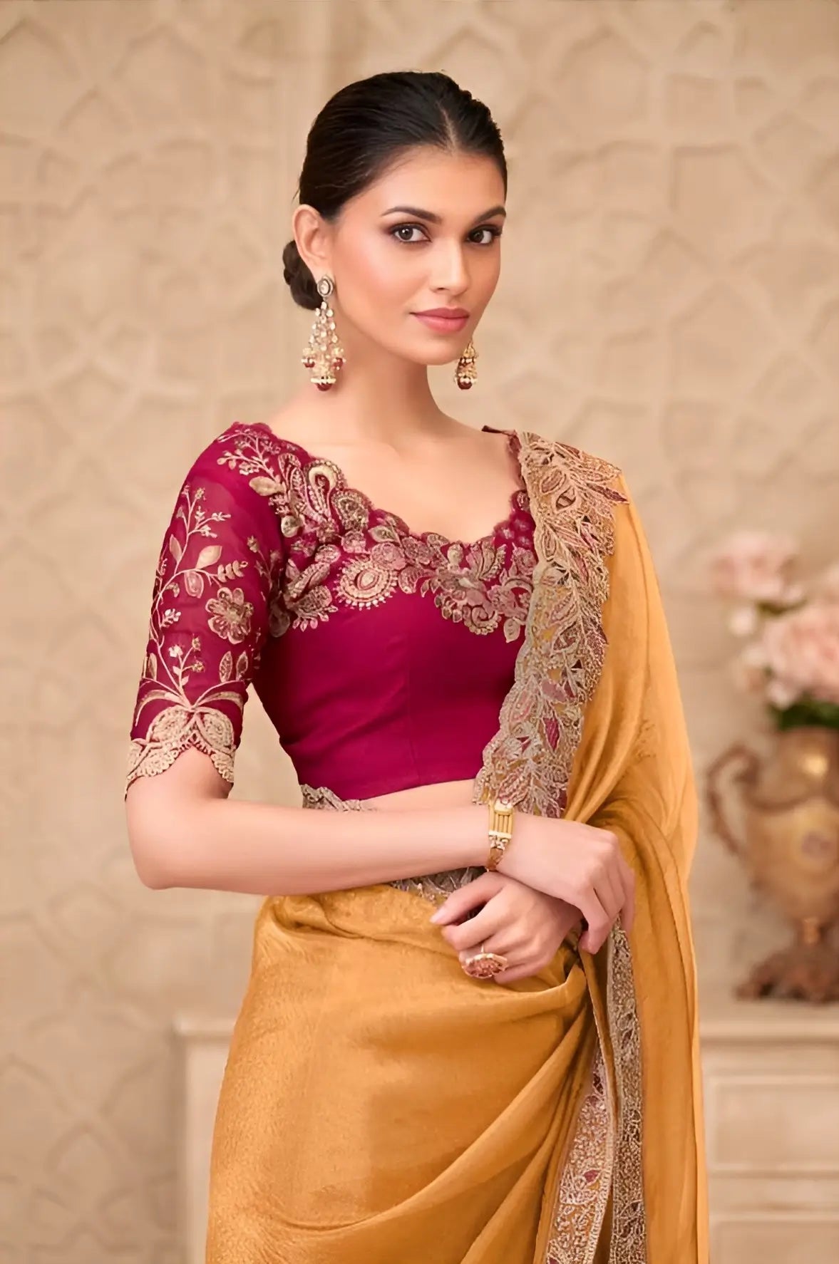 Golden Yellow Sparkle Georgette Embroidery Party Wear Saree